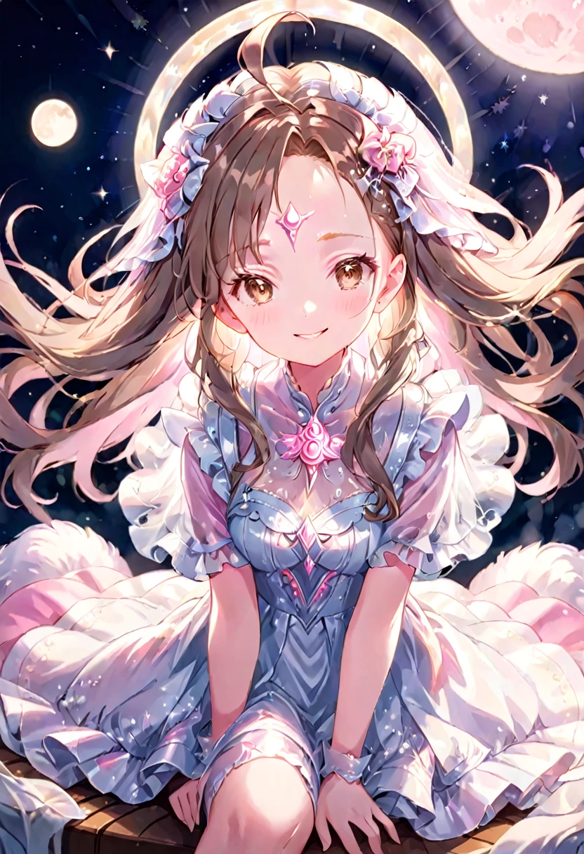 Very detailed,(((ultra detailed face))),best quality, 8k, (柔Light), Light, 1 lady, facing the camera,brown hair, fluffy hair,((forehead)),elegant, Comfortable, Clean and detailed anime art, Trending on artstart, milky white, illuminate warmly, (pink and white theme),big smile,dress,sitting the moon