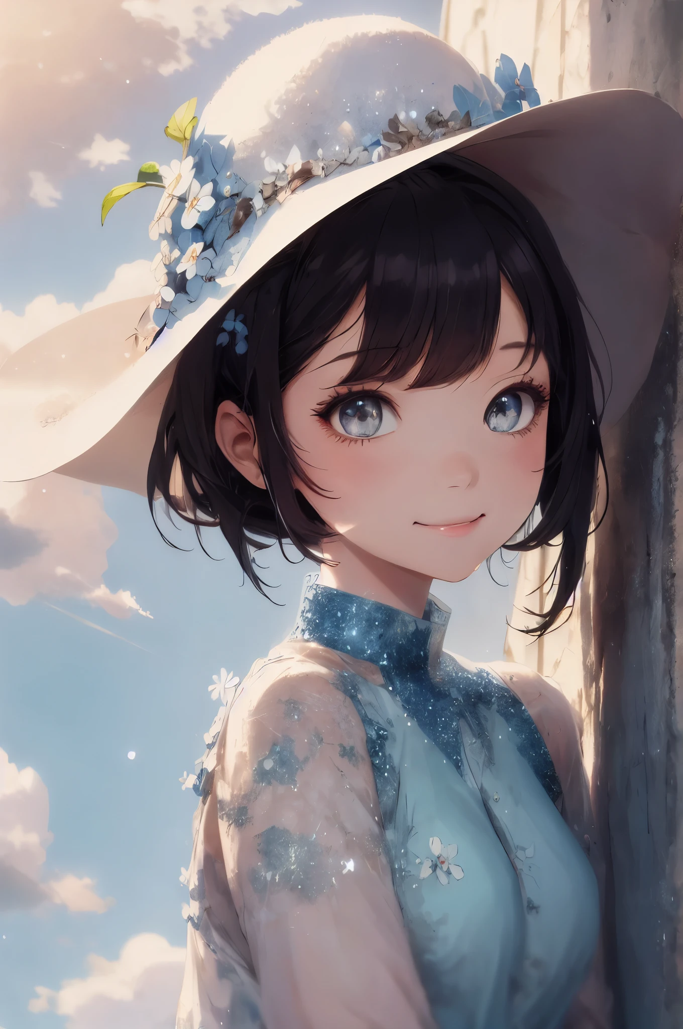 Absurd, High resolution, Super detailed, (One beautiful girl:1.3), A little smile, de luz, forget-me-notドレス, forget-me-not, Clear blue sky and fluffy white clouds, Glitter, Pastel style, Soft Blending, Dreamy wash, Warm texture