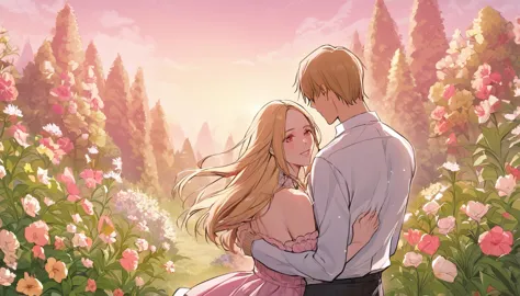 sexy-style, floral background, romance manhwa, masterpiece, best quality, 2others, couple, hetero, 1man with 1woman,
man hair bl...