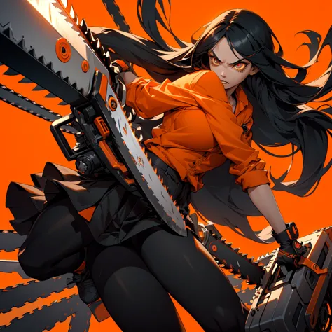 One girl,Chainsaw Sunrise Stance, (Have a weapon:1.3),whole body,Long black hair,,cherry blossoms, Zoom out,Wide Shot, (masterpi...