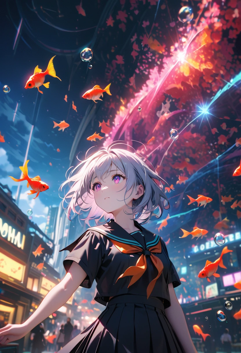 (female\(student, age of 15, JK, short hair, silver hair, floating hair, cosmic colored eyes, black color sailor uniform\(of high school\), pale skin, tired face, no shine in the eyes\) is looking up at the sky), (so many goldfish are swimming in the air), beautiful sky, beautiful clouds, summery colorful flowers are blooming here and there, (crystal clear bubbles are shining prism here and there in the sky), the noonday moon and noonday stars in the sky, female is at messy downtown, BREAK ,quality\(8k,wallpaper of extremely detailed CG unit, ​masterpiece,hight resolution,top-quality,top-quality real texture skin,hyper realisitic,increase the resolution,RAW photos,best qualtiy,highly detailed,the wallpaper,cinematic lighting,ray trace,golden ratio\),(long shot),wide shot,