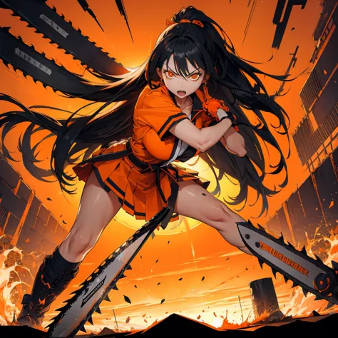 One girl,Chainsaw Sunrise Stance, (Have a weapon:1.3),whole body,Long black hair,,cherry blossoms, Zoom out,Wide Shot, (masterpi...