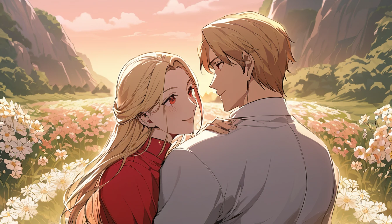 fantasy-style, floral background, romance manhwa, masterpiece, best quality, 2others, couple, hetero, 1man with 1woman,
man hair blonde, (Man_red_eyes), 
woman hair blonde, (woman_pink_eyes),
height difference, 
different colors, happy, love, flower-filled landscape, forehead