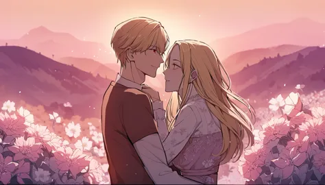 fantasy-style, floral background, romance manhwa, masterpiece, best quality, 2others, couple, hetero, 1man with 1woman,
man hair...