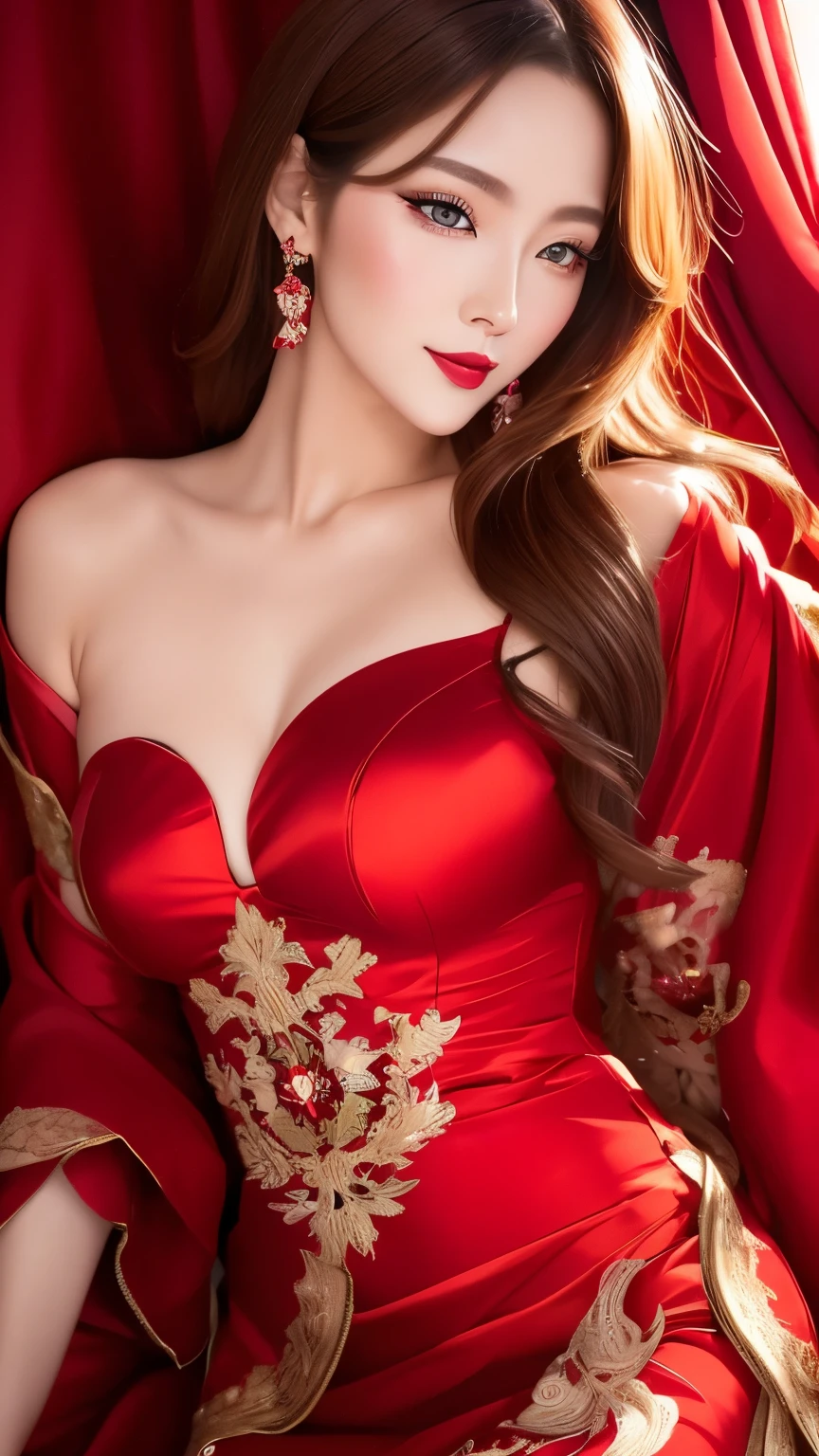 mejor calidad, super fine, 16k, foto en bruto, Fotorrealista, 2.5d, increíblemente absurdos, extremadamente detallado, delicado, representación llamativa y dinámica, Mujer hermosa como la que dibuja Reiji Matsumoto., belleza genial inteligente, mirada emocionada, cabello castaño claro brillante, hermosos ojos brillantes y agudos, labios rojos brillantes, vistiendo un hermoso y glamoroso vestido de noche negro, líneas rojas, tela de satén brillante, cordón, Bordado, túnicas, chales, accesorios, proporción corporal superlativa, efectos magníficos y magníficos, fondo entorno social aristocrático