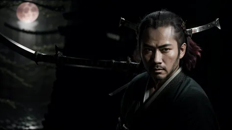 photo of one Samurai, 1man,(detailed katana: 1.4), (detailed faces: 1.4), highres, RAW photo 8k uhd, dslr, , ((cinematic light))...