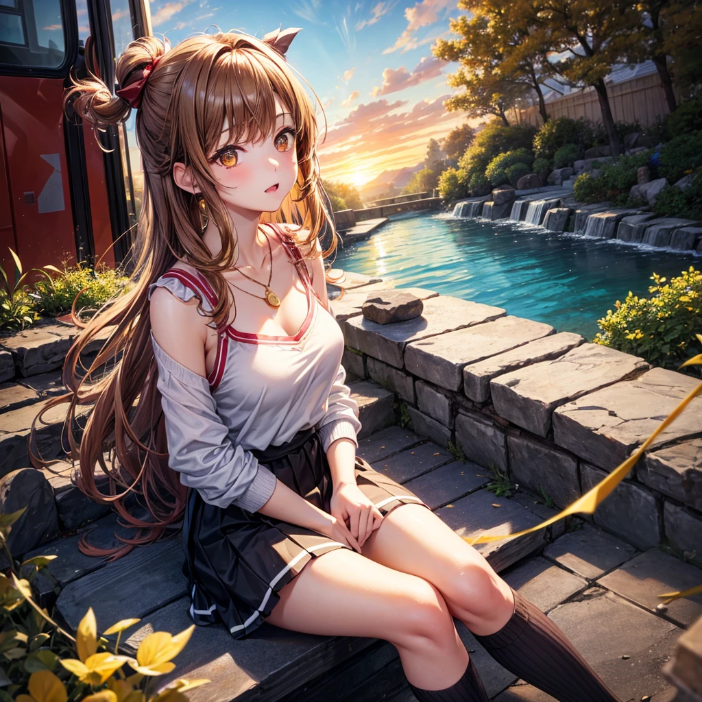 Red, brown, gold, gold hair、Golden Eyes、Hair tied up、One good looking girl、solo、anime、Checkered mini skirt、Ruffles on the skirt、camisole、camisole、Lightweight cardigan、Black knee-high socks、Wearing a baseball cap、Ribbon、Ribbon on waist、Teeth are visible、Sunset sky、Cumulonimbus、Silver coin necklace、shine、From above、Sparks are flying、tunnel、Cobblestones、Sitting on the stairs、waterfall