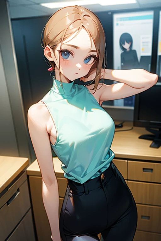 beautiful girl、Office Casual Fashion、Sleeveless high neck shirt、Tight pants style、slender、Model Body Type、Ideal Style、 Slim and cute、ボタンがない