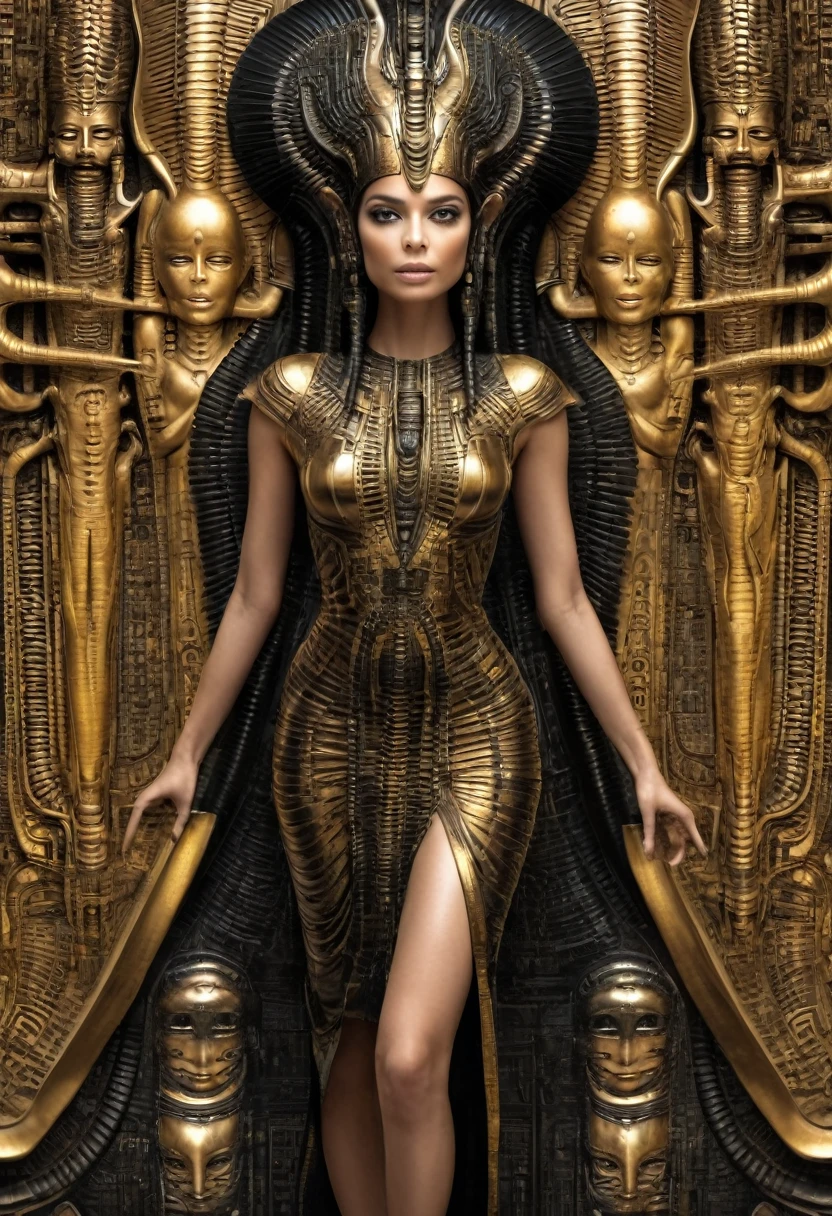 corps entier avec jambes , portrait d&#39;une belle fille vêtue d&#39;une robe noire et dorée., Style égyptien, Portrait de femmes de science-fiction, Portrait d&#39;un homme féminin, Belle biomécanique, (realistic face details), H. r. giger, complexe détaillé, détails très élevés, photo-hyper-réaliste, 8k, UHD, hyperdétaillé, (poses dynamiques:1.4),