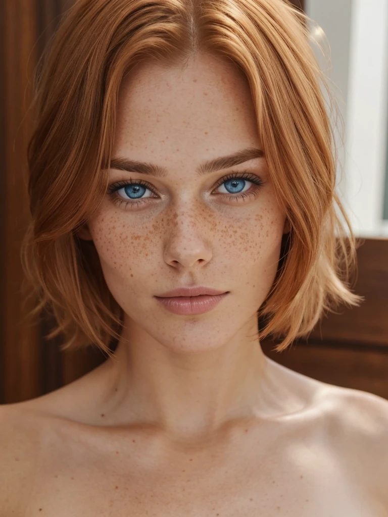 1 swedish girl, cheap phone camera quality, solo, southern belle, [Keira Knightley:0.8], dark strawberry blonde ((short)) hair, freckles, blue eyes, (Swedish face, swedish body), 25 years old, BREAK, , dynamic pose, sexy, seductive, 88mm, 4K, nude pusy gode 