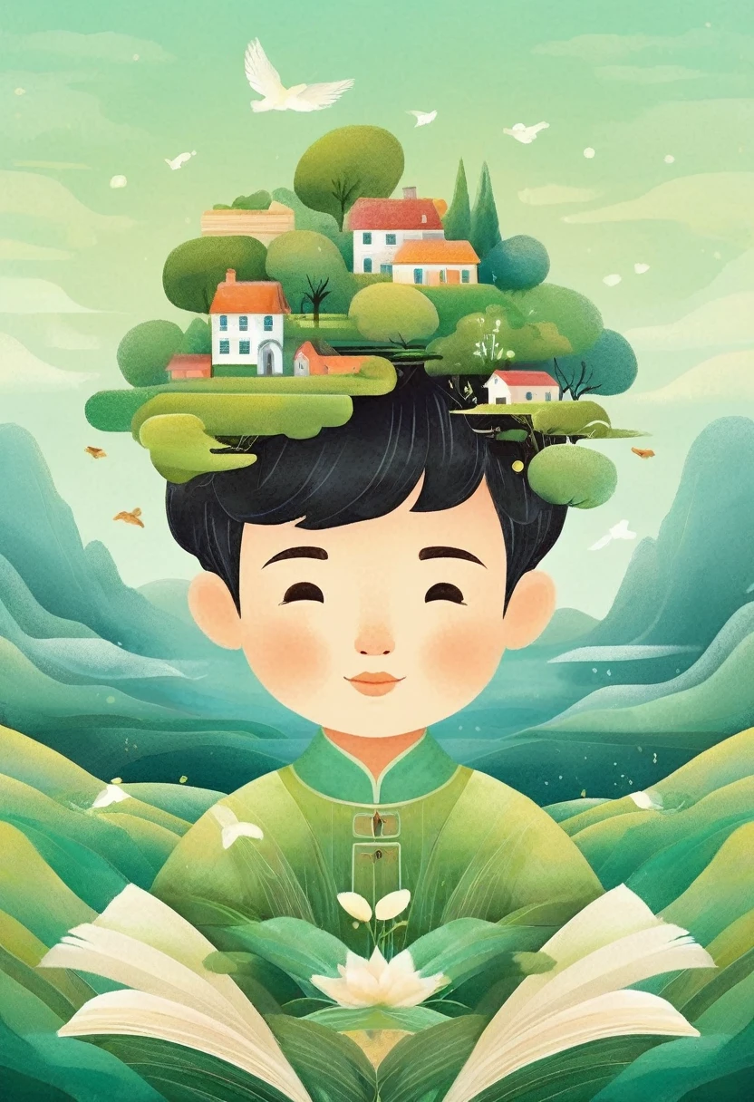 Digital Illustration Art, (Little boy's Hair is Whimsically Illustrated with Houses, Trees, Roots, Swallows Adorned), (Side Headshot), Background of Green Trees and Hills, Side by Side, Evoking the Charm of a Charming Rural Landscape. The background blends with the little girl's hair and radiates serenity, creating a harmonious composition that captures the beauty of nature, white background, Chinese calligraphy whin brush lines, vivid Ferdinand du Puigaudeau, Victor nizovtsev, vintage tones, shimmering, luminescent, reflections, best number, 8K, HD, High Resolution. Double Exposure,Illustration,Beautiful Digital Illustration,. A pintura deve capturar a essência multifacetada de um geminiano, mostrando a dualidade, a curiosidade, a adaptabilidade e a energia intelectual que definem este signo. A cena deve ser rica em simbolismo, representando as várias facetas de uma pessoa geminiana e sua capacidade de navegar entre diferentes estados de ser e diferentes interesses.