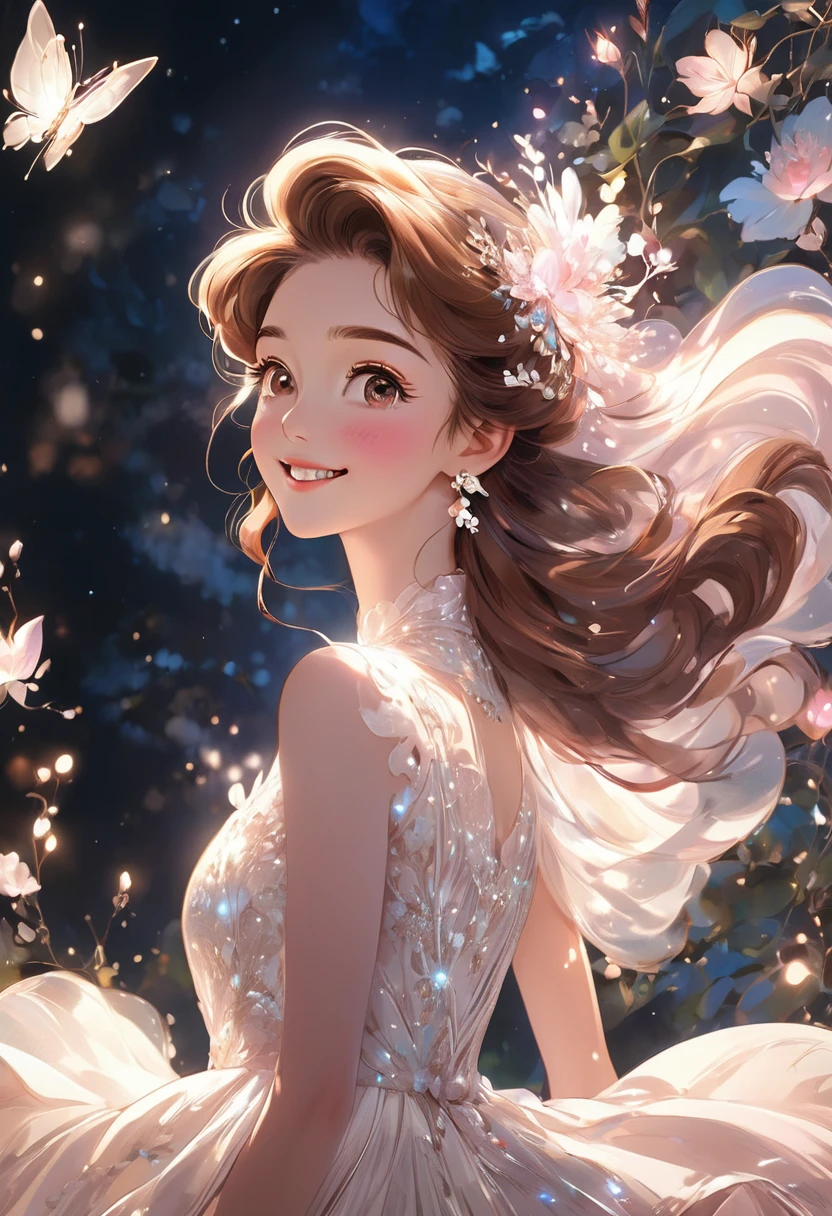 Very detailed,(((ultra detailed face))),best quality, 8k, (柔Light), Light, 1 lady, facing the camera,brown hair, fluffy hair,((forehead)),elegant, Comfortable, Clean and detailed anime art, Trending on artstart, milky white, illuminate warmly, (pink and white theme),smile,dress