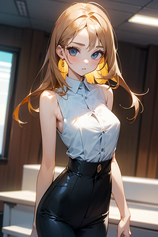 beautiful girl、Office Casual Fashion、Sleeveless high neck shirt、Tight pants style、slender、Model Body Type、Ideal Style、 Slim and cute、No buttons、Put on a bolero