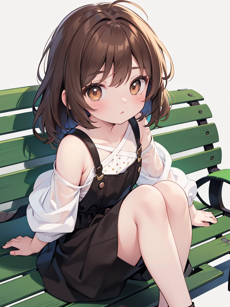 リアルなイメージ, 一貫したイメージ, 詳細画像, 1girl' brown eyes' beautiful eyelashes' (茶髪)' (茶髪 curtos), (茶髪 curtos e cacheados), (ボサボサの髪)  衣装, ベンチに座る, 巨乳な, coxas grossas' pastel and vibrant colors, ちびスタイル, 線画, 単純