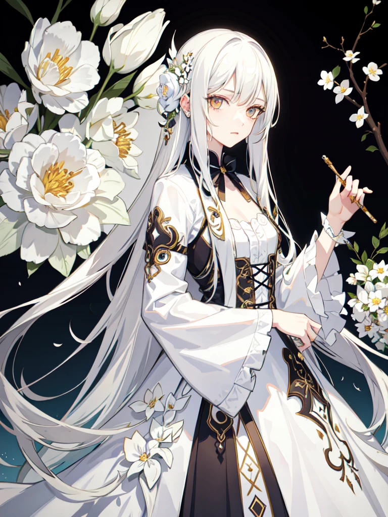 estilo por nty, una mujer, pelo largo blanco, cara infectada, flores, armadura de flores, fondo colorido, desordenado,  