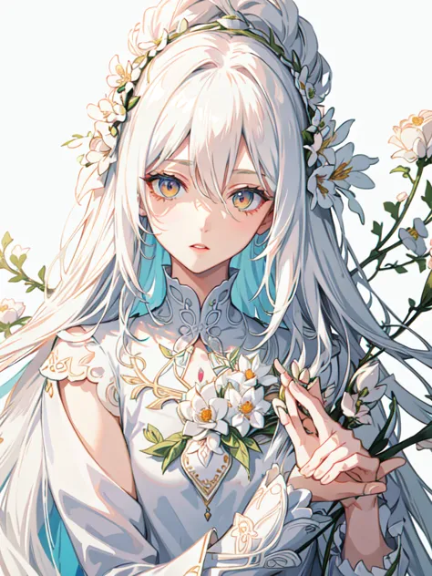 style by NTY, a woman, white long hair, infected face, flowers, flower armor, colorful background, cluttered,  