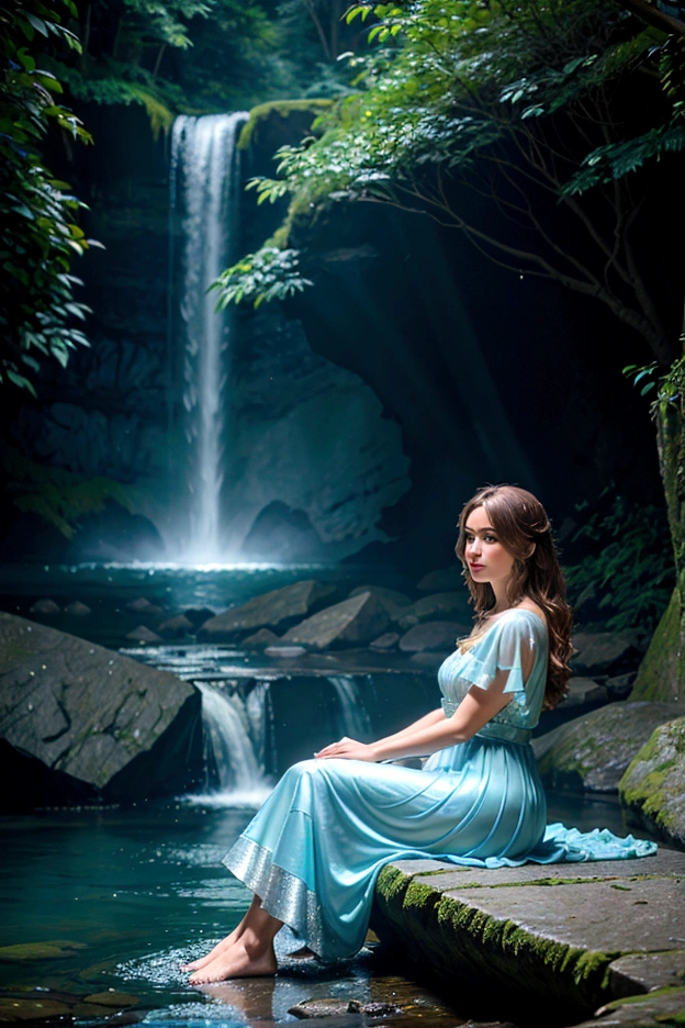 shot by Sony a7 IV Mirrorless Camera, natural light, analog film photo, Kodachrome ,in a magical crystal world , a woman is sitting near a waterfall on a full moon night , sparkling and glittering glowing particles in the air , soft bluish glow
