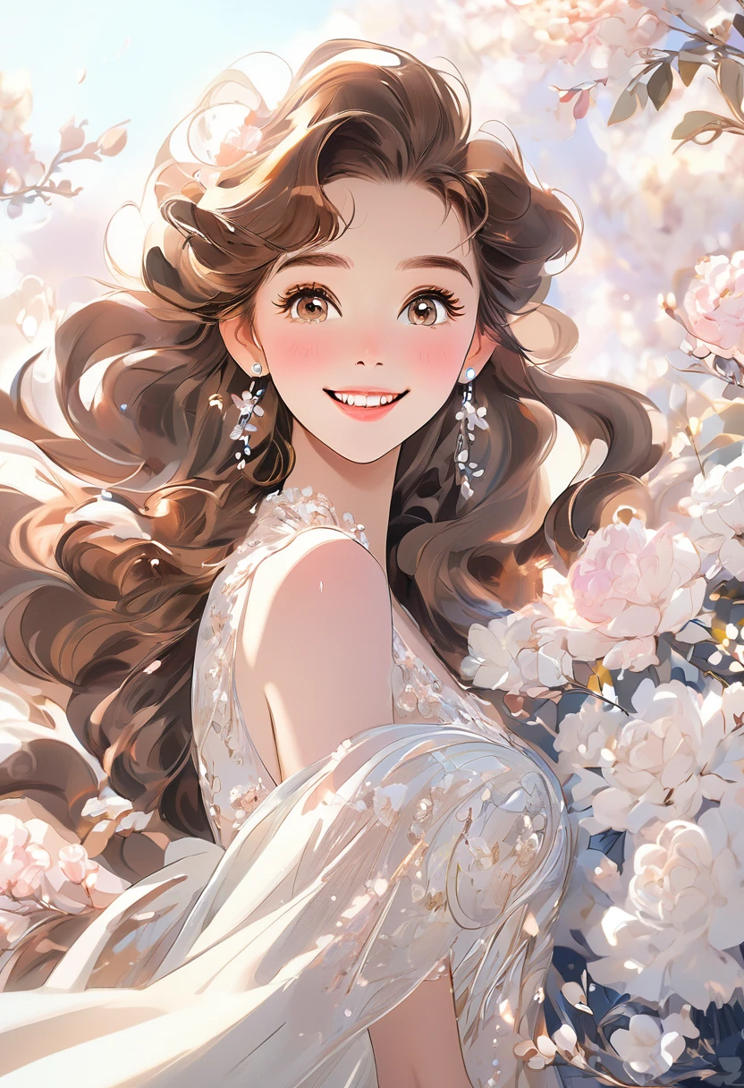 Very detailed,(((ultra detailed face))),best quality, 8k, (柔Light), Light, 1 lady, facing the camera,brown hair, fluffy hair,((forehead)),elegant, Comfortable, Clean and detailed anime art, Trending on artstart, milky white, illuminate warmly, (pink and white theme),smile,dress