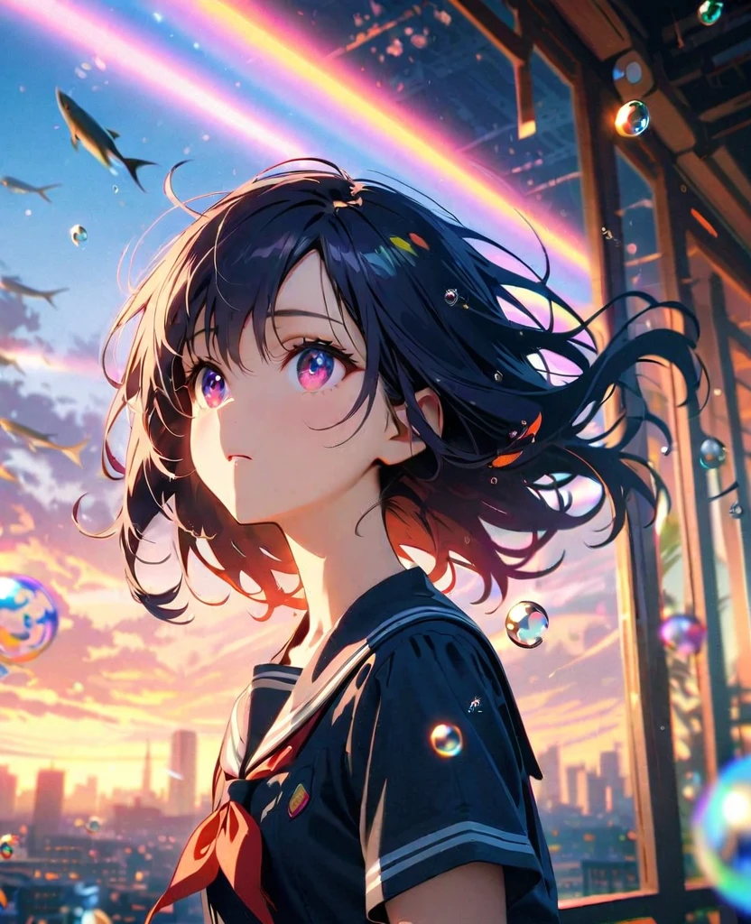 (girl,(tween,wavy short hair, darkblue hair, floating hair, cosmic colored eyes, school-uniform, pale skin, tired face, eyes is looking up at the sky), (so many fish are swimming in the air), beautiful sky, beautiful clouds, summery colorful flowers are blooming here and there, (crystal clear bubbles are shining prism here and there in the sky), the noonday moon and noonday stars in the sky), at messy downtown,BREAK, (long shot),wide shot,(wallpaper of extremely detailed CG unit, ​masterpiece,hight resolution,top-quality,top-quality real texture skin,hyper realisitic,increase the resolution,RAW photos,best qualtiy,highly detailed,the wallpaper,cinematic lighting,ray trace,golden ratio),