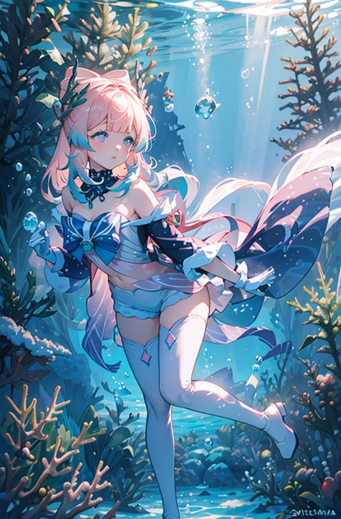 1 girl solo, long pink hair, translucent clothes, big blue bow on her chest, long wide sleeves, bare shoulders, long white socks, light purple eyes, pastel colors, underwater, (((christmas tree underwater))) ((fullbody)) ((girl swimming underwater))