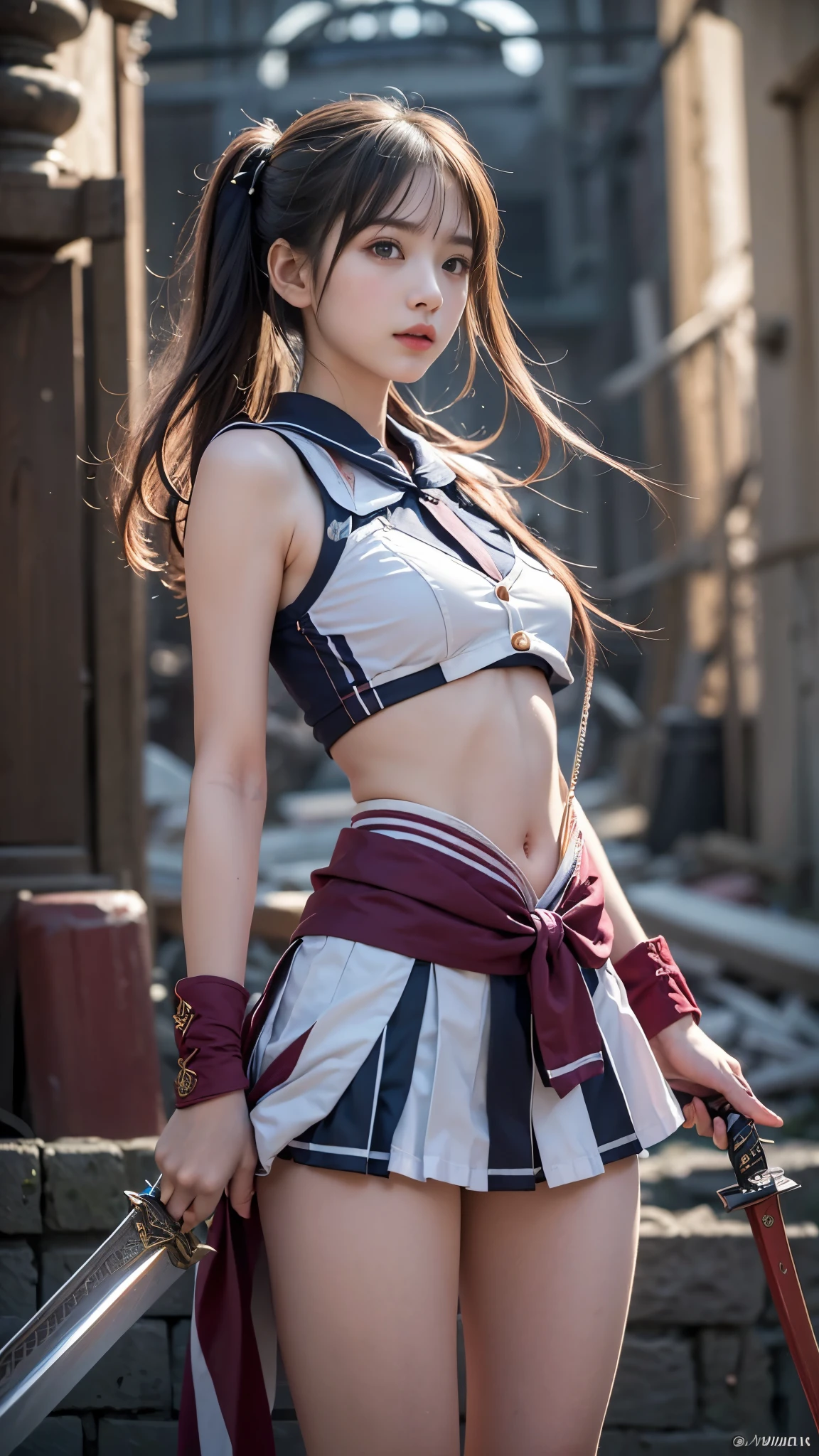 ((Battle Royale in the ruins of the city)), ((Sailor suits and pleated skirts)), (((Holding a dual sword))), Shingen-ryu Secret Stance, (beautiful girl, Baby Face:1.3, Idol Face), (Small and slender figure), (Slender body line), (Beautiful breasts), Small beautiful butt, (Highest quality, 8K, masterpiece:1.2), (Detailed eyes and face:1.3), (Detailed hands), (Reality:1.4), (Professional photography techniques, Cinema Lighting), (View the viewer:1.3), ((Desperate look)), (Ultra-detailed double-edged sword geometry), (Perfect Anatomy:1.3)