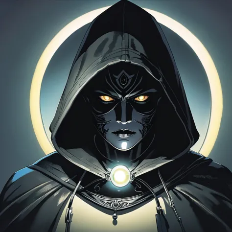character with a black hood, and a lighted mirror as a face