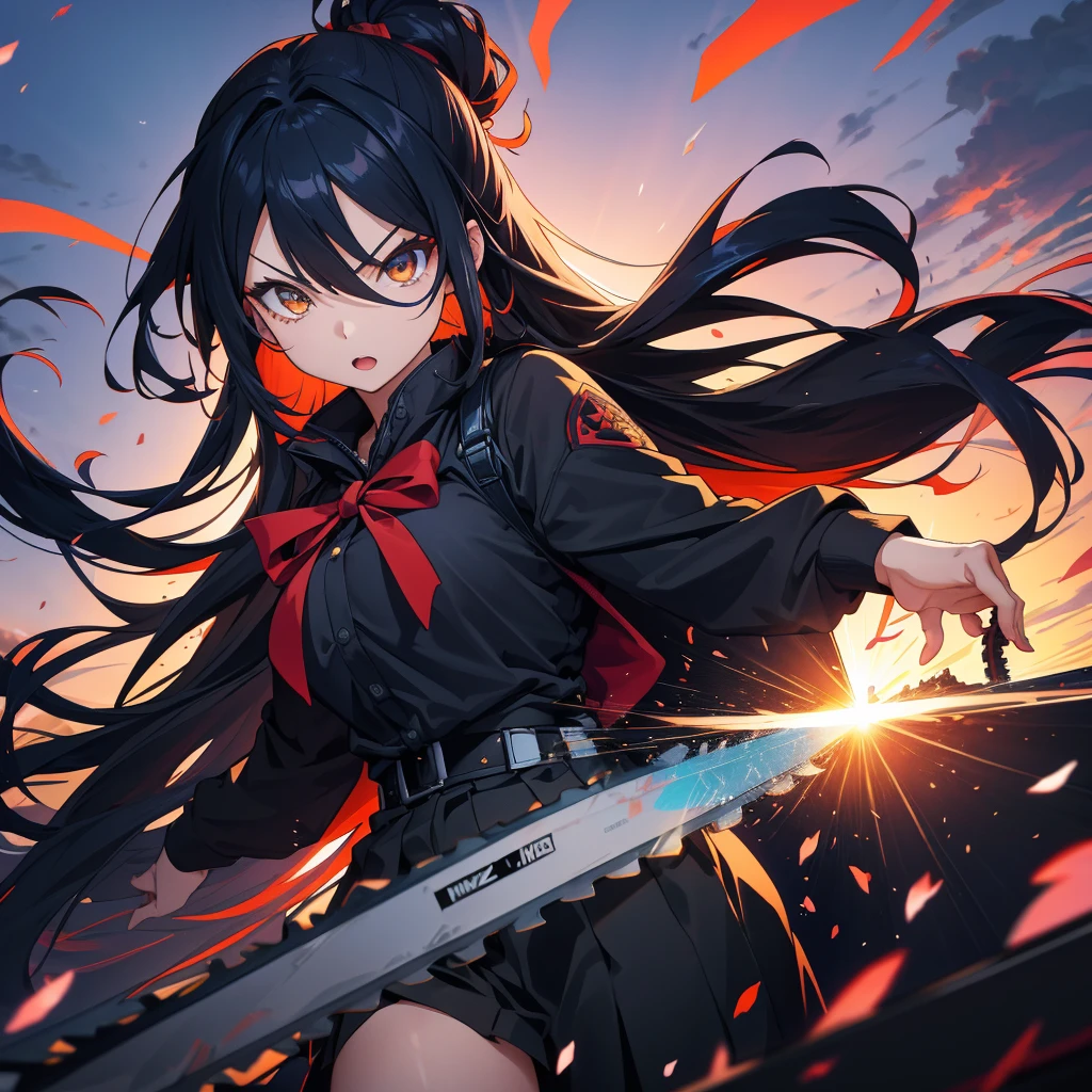 One girl,Chainsaw Sunrise Stance, (Have a weapon:1.3),whole body,Long black hair,,cherry blossoms, Zoom out,Wide Shot, (masterpiece, Highest quality),Dynamic composition、[17277fbe68],((Perspective Lens, Woman with long hair, Dynamic poses with serious and mean expressions, Hold a big, long chainsaw with both hands )) ((Pure azure color background:1.2)),Anime Style、detailedな目、Looks like she&#39;s in her early 20s,Shooting in mid-motion,With her long braided hair fluttering. Her outfit is reminiscent of a butterfly,Black and yellow color palette,Be playful.,Great impact、Super huge、detailed、