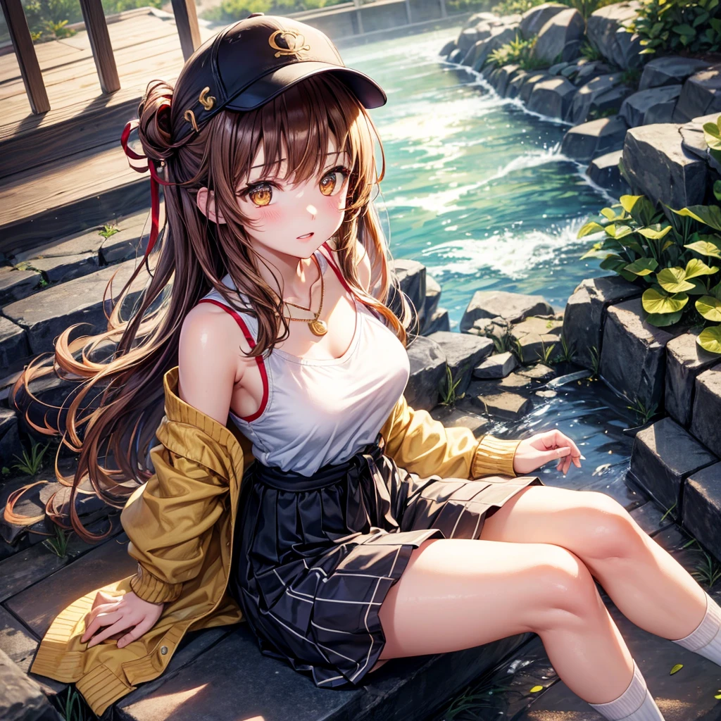 Red, brown, gold, gold hair、Golden Eyes、Hair tied up、One good looking girl、solo、anime、Checkered mini skirt、Ruffles on the skirt、camisole、camisole、Lightweight cardigan、Black knee-high socks、Wearing a baseball cap、Ribbon、Ribbon on waist、Teeth are visible、Sunset sky、Cumulonimbus、Silver coin necklace、shine、From above、Sparks are flying、tunnel、Cobblestones、Sitting on the stairs、waterfall