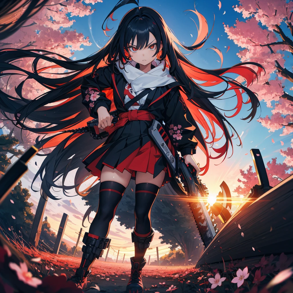 One girl,Chainsaw Sunrise Stance, (Have a weapon:1.3),whole body,Long black hair,,cherry blossoms, Zoom out,Wide Shot, (masterpiece, Highest quality),Dynamic composition、[17277fbe68],((Perspective Lens, Woman with long hair, Dynamic poses with serious and mean expressions, Hold a big, long chainsaw with both hands )) ((Pure azure color background:1.2)),Anime Style、detailedな目、Looks like she&#39;s in her early 20s,Shooting in mid-motion,With her long braided hair fluttering. Her outfit is reminiscent of a butterfly,Black and yellow color palette,Be playful.,Great impact、Super huge weapon、detailed、