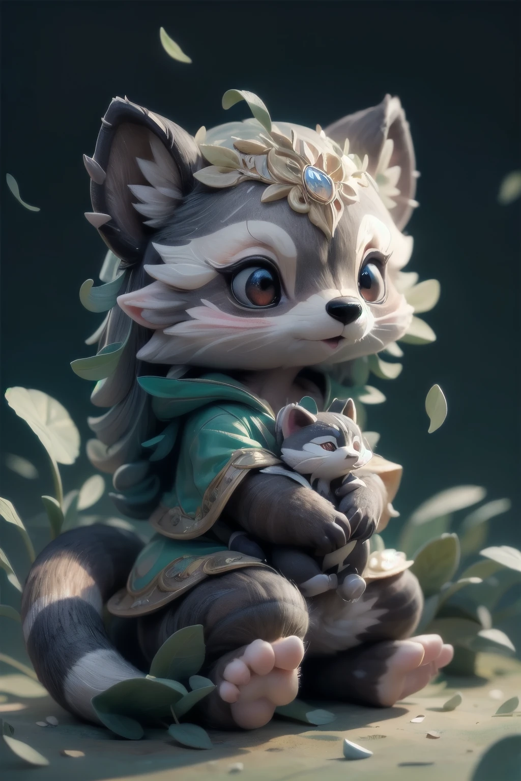Cute raccoon in a surreal, dreamy fantasy scene、Detailed digital illustration、8K、Very detailed、Very realistic、Photorealistic、Bright colors、Dramatic lighting、Intricate details、Whimsical、magical realism、Soft pastel tones、Shine、Ethereal、Mysterious、Mysterious、Imaginative、Conceptual