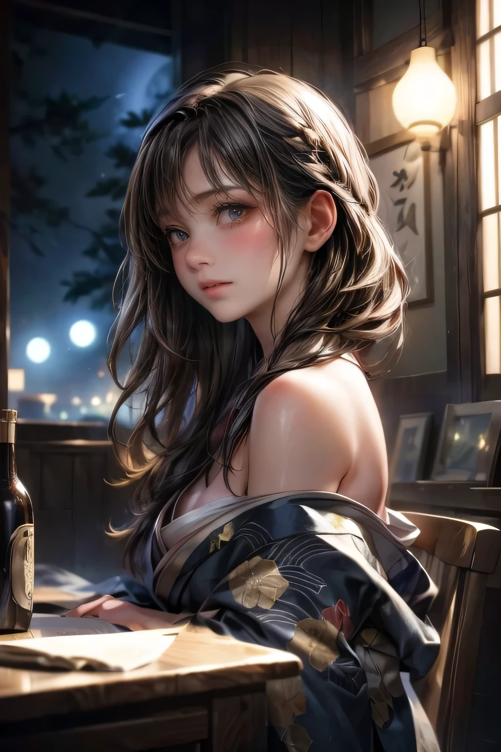 masterpiece:1.2, highest quality,16,highres,ultra detailed,ultra realistic,photo realistic:1.37, beautiful cute girl, traditional japanese clothing, kimono, bare shoulder:1.3, bare chest, open kimono, through bangs, updo, beautiful detailed eyes, beautiful detailed lips, extremely detailed eyes and face, longeyelashes, night, moonlight, moon, sad expression, melancholic, moody, atmospheric, woodblock print, muted colors, dark tones, cinematic lighting, dramatic lighting, chiaroscuro