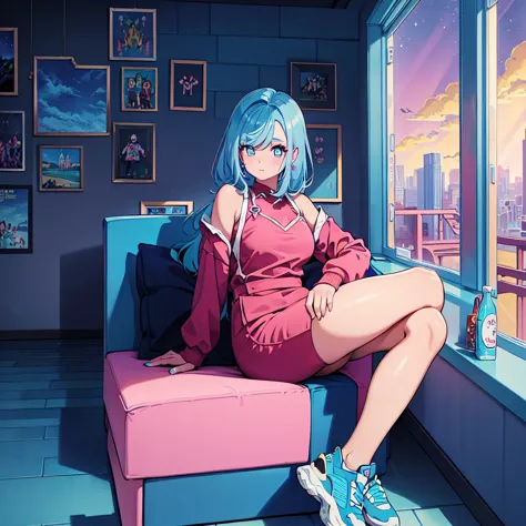 (masterpiece), highest quality, expressive eyes, neon pastel aesthetics, retro 90s, neon color,((girl sitting on sofa,in a cozy ...