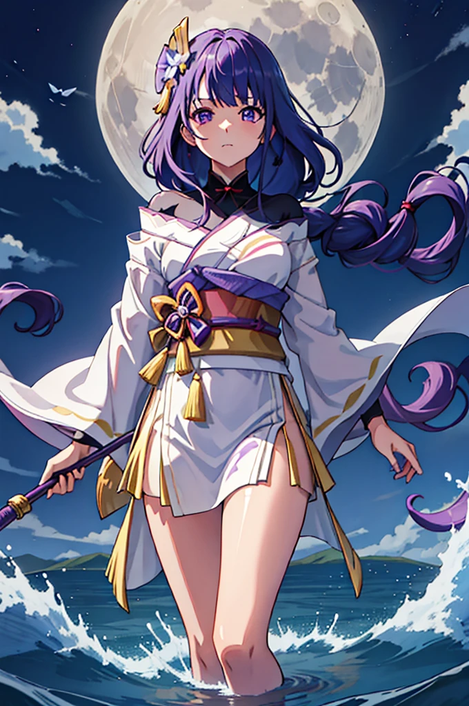 （Scene depicting a woman walking on the surface of a lake）Ripples spreading from the soles of the feet，The lake is very quiet，Like a mirror。She wore a kimono with her long purple hair bunched up，Show me her meaty legs。Her image is very anime-like，It's as if it's right in front of you，Eta、The picture is very clear，gives lightness、Ethereal feeling。Moonlit、high-level image quality、hightquality、masutepiece、Face Details、Big Moon、anime image、Anime style