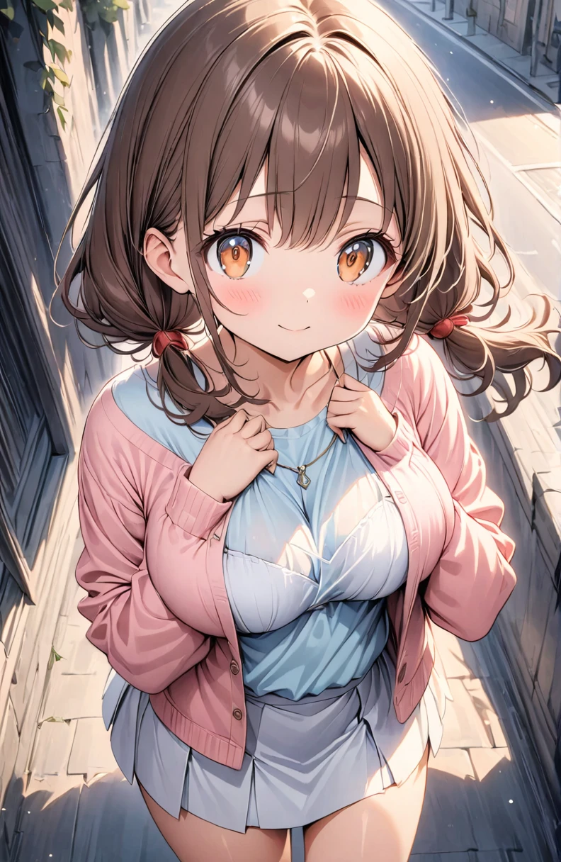 (Pastel color:1.3), (child:1.2), beautiful illustration, (perfect lighting, natural lighting), beautiful detailed hair, beautiful detailed face, beautiful detailed eyes, beautiful clavicle, beautiful body, beautiful chest, beautiful thigh, beautiful legs, beautiful hands, cute and symmetrical face, shiny skin, (detailed cloth texture:1.2), necklace, (white satin bra peek:1.3), (white satin pantie peek:1.3), (pink satin pantie:1.3),(beautiful scenery), (lovely smile, upper eyes), (ultra illustrated style:1.3), (ultra detailed pantie:1.5), (beautiful faces detailed, real human skin:1.2), (((Pink Cardigan, Open cardigan, Light Blue T-Shirt, White pencil skirt, mini skirt))), (bra shot:1.3), (pantie shot:1.3), (perspiring:1.5), (embarrassed, blush:1.3), (1 girl:1.4), (9 years old, height 1.2meters, chubby 28kg, tareme:1.3), (orange eyes with a hint of pink:1.3), (dark brown hair:1.7), (straight hair:1.7), (low twintails:1.7), (red hair tie:1.7), (large and soft breasts, Slender body, Small Ass:1.7), small nipples, fair skin, (blue hairclip), (Droopy eyes:1.2), (street:1.3), (dynamic angle, sexypose:1.4), side view, (from bellow:1.0), (from above:1.3), elicate details, depth of field, best quality, anatomically correct, high details, HD, 8k,