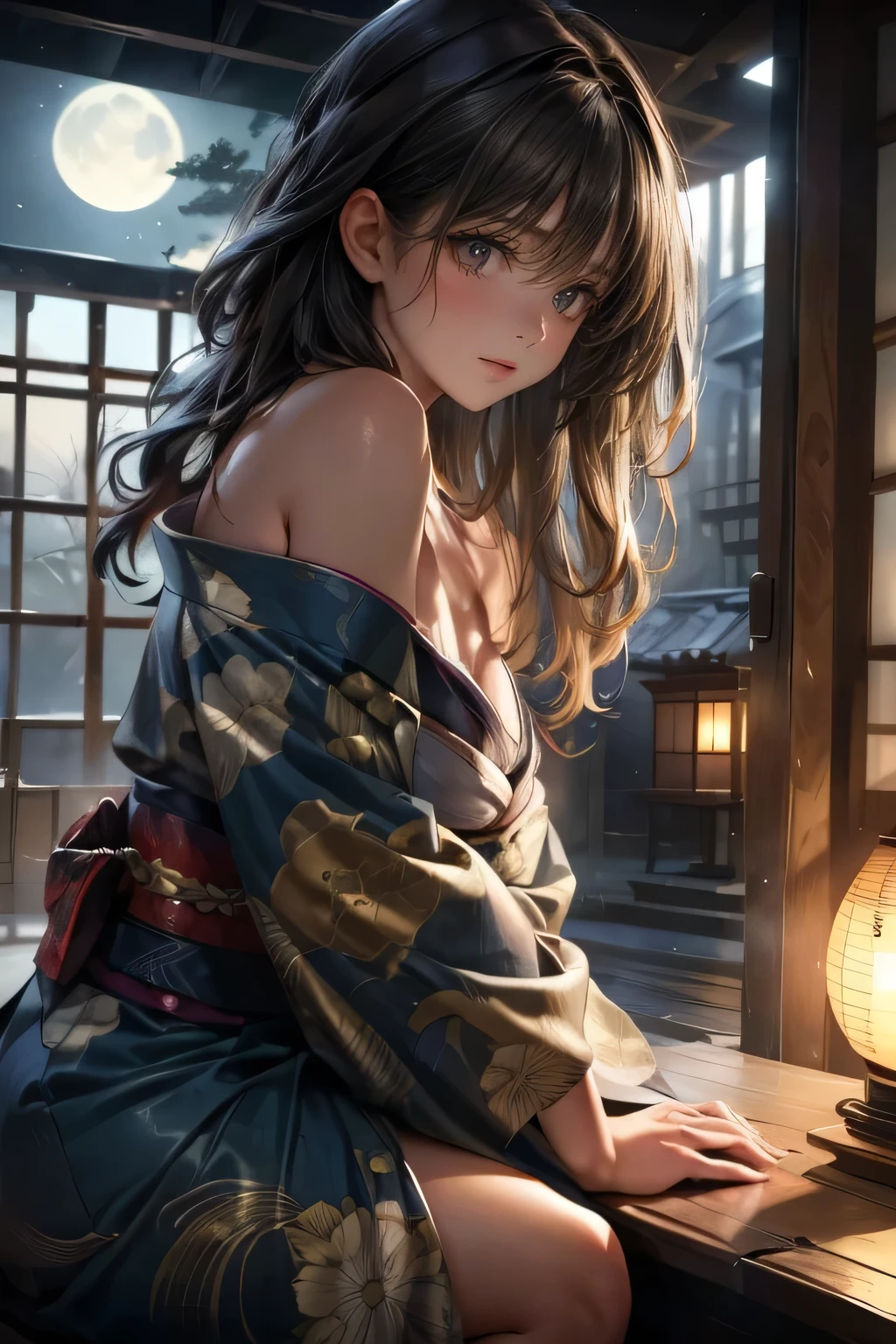 masterpiece:1.2, highest quality,16,highres,ultra detailed,ultra realistic,photo realistic:1.37, beautiful cute girl, traditional japanese clothing, kimono, bare shoulder:1.3, bare chest, open kimono, through bangs, updo, beautiful detailed eyes, beautiful detailed lips, extremely detailed eyes and face, longeyelashes, night, moonlight, moon, sad expression, melancholic, moody, atmospheric, woodblock print, muted colors, dark tones, cinematic lighting, dramatic lighting, chiaroscuro