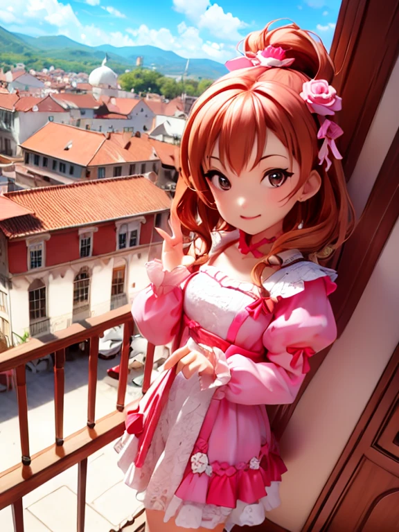 chibi, On the beautiful balcony of the palace、A woman in an evening dress is standing。The balcony offers a beautiful view.、Her gorgeous outfit stands out。