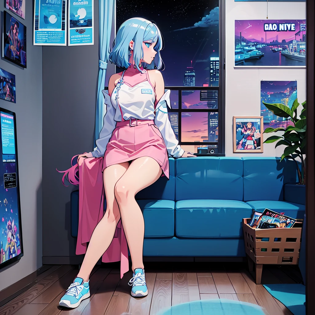 (masterpiece), Highest quality, Expressive eyes, Neon pastel aesthetics, Retro 90s, Neon color,((Girl sitting on sofa,In a cozy room,Records hanging on her wall, Comic books on the floor, Looking out the window behind her at the night city, Upholstered room, Anime figures lined up on a shelf)), Wearing headphones, (All around her it sparkles), (wearing thick colorful sneakers), (blue eyes), (Soft look), (Synthwave Art Style), Colorful Hair, Desk with PC set up