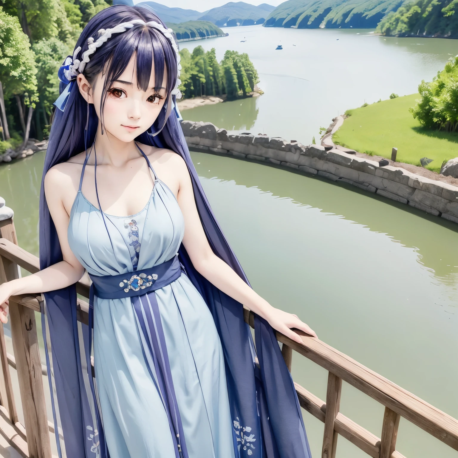 masterpiece, Highest quality, Official Art, 8k wallpaper, Very detailed, figure, 1 Girl, Blue Hair, Long Hair, Fine grain, For rest, Bare shoulders, Hanfu,lake, Pure, A kind smile,bamboo,tea