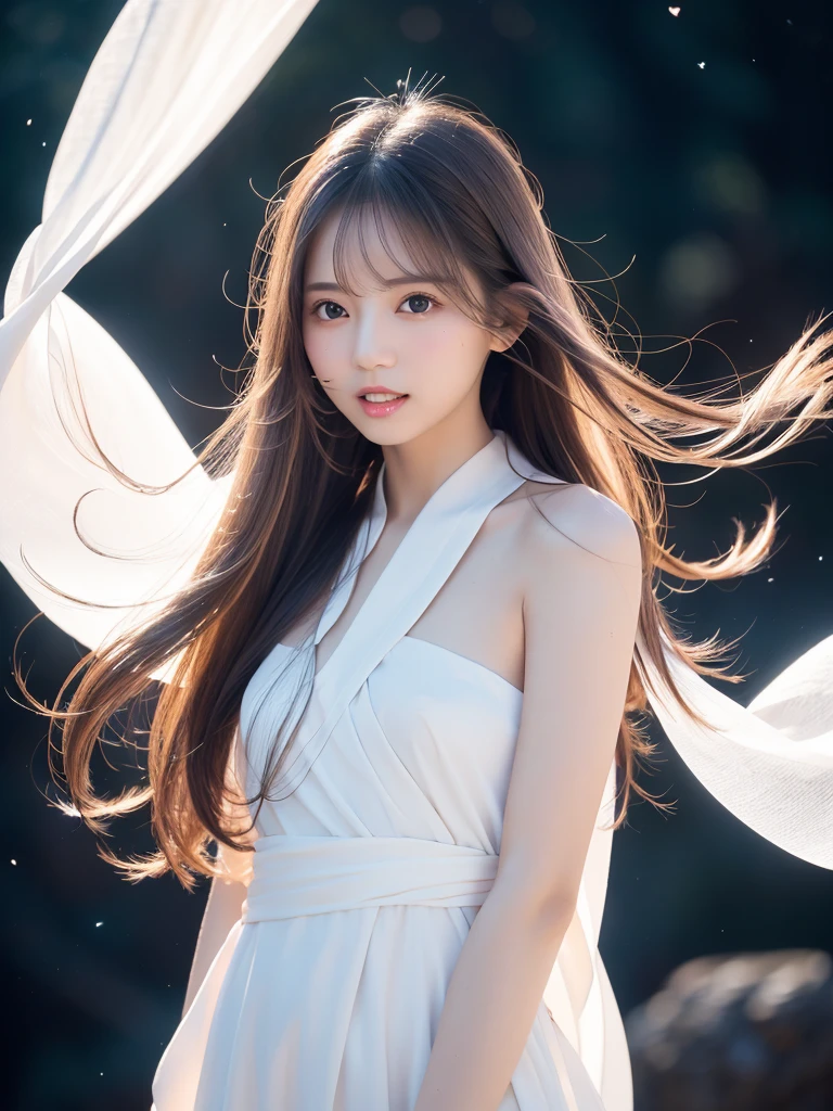 4K Ultra HD, masterpiece, A girl with a magical aura, Nice face, Long Hair, Shiny Hair, Fine grain, Glossy lips, Nude 1.5, Aura around the body, Magical Effects, Spreading white light, Cosmic elements and ethereal atmosphere, A mix of bright lights and colorful nebulae, Space Background,, Full Body Capture.(((Whitening 1.5)))、Silver Hair、(((Wearing white cloth 1.5)))、Hair and fabric fluttering in the wind、、Full Body Shot、Open your mouth、(((1.5)))、