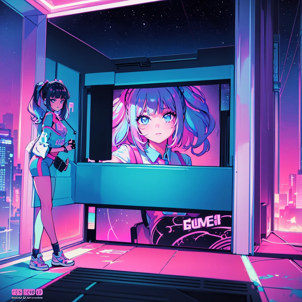 (masterpiece), Highest quality, Expressive eyes, Neon pastel aesthetics, Retro 90s, Neon color,((Girl sitting on sofa,In a cozy room,Records hanging on her wall, Comic books on the floor, Looking out the window behind her at the night city, Upholstered room, Anime figures lined up on a shelf)), Wearing headphones, (All around her it sparkles), (wearing thick colorful sneakers), (blue eyes), (Soft look), (Synthwave Art Style), Colorful Hair, Desk with PC set up