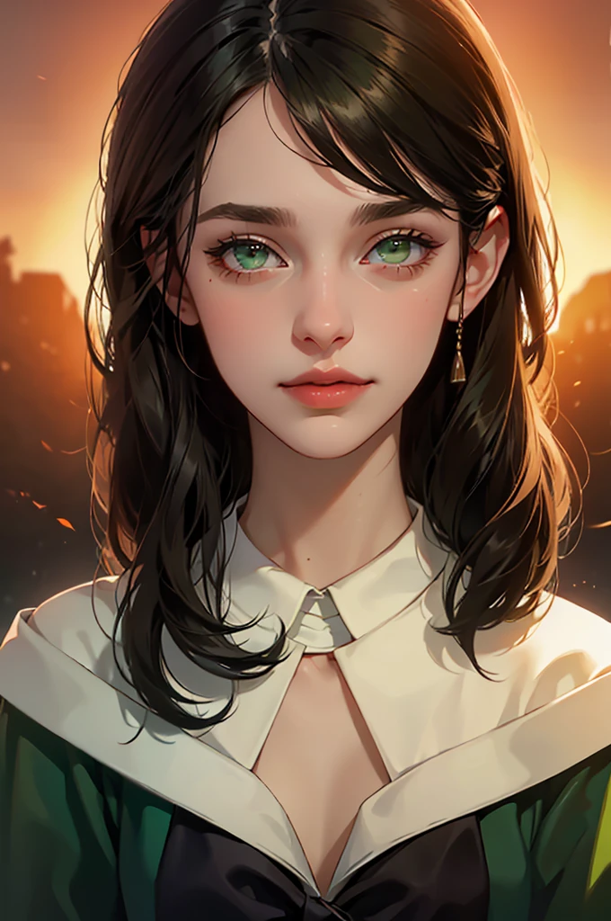 ((masterpiece:1.2, Best quality)), 4k, adult, European face, 1 person, female, Beautiful, small, dark casual wear, White skin, dark hair, green eyes s, portrait, sunset, woman, adult woman, feminne, red lipsrick
