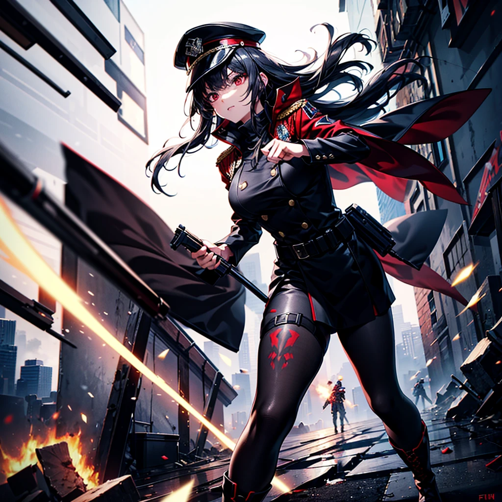 1girl、Dynamic composition、[17277fbe68]、(masterpiece, Highest quality), Super detailed, Anime Style, whole body, alone, cyberpunk soldier girl, Men wearing red and black military uniforms and hats, Fluttering Cape, Black hair and red eyes, Male Beauty, Holding a saber and a pistol, Wear long boots, Supernatural red and black flames, Karate fighting poses, Standing in the wasteland, Digital Painting, 8K high resolution, Art Station Trends, White Background, whole body,