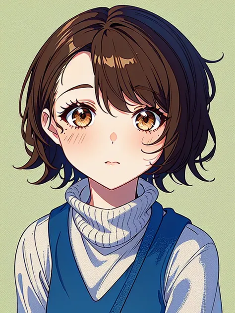 1girl‚ brown eyes‚ beautiful eyelashes‚ (short brown hair), (short brown hair e cacheados), (messy hair)  outfit, lineart, anime...