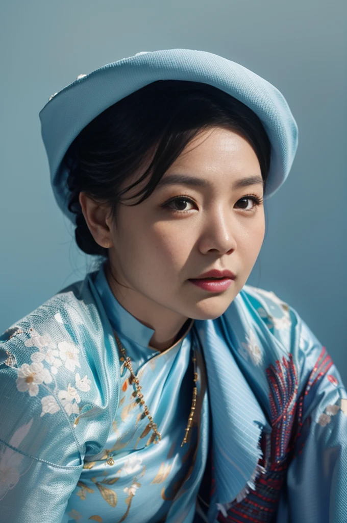 Highly realistic photo, ((masterpiece), (best quality), (raw photo), (photorealistic:1.4), Portrait of a 60 year old Vietnamese woman, wearing a black traditional Vietnamese ao dai and a black scarf on her head, ((light blue background:1.4)) , photo taken by Sony A7IV
