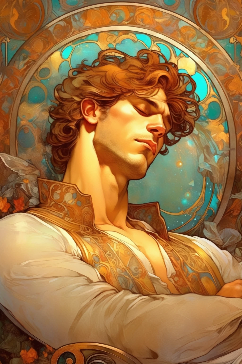 Alphonse Mucha Style - handsome thirty-something sleeping prince in the style of alphonse mucha A pintura deve capturar a essência multifacetada e energética de um geminiano metaleiro, showing duality, creativity and intense passion for music. The scene must be rich in symbolism, representing the vibrant personality of a Gemini while incorporating elements of metal culture, suggesting the fusion of intellectuality and rebellion.