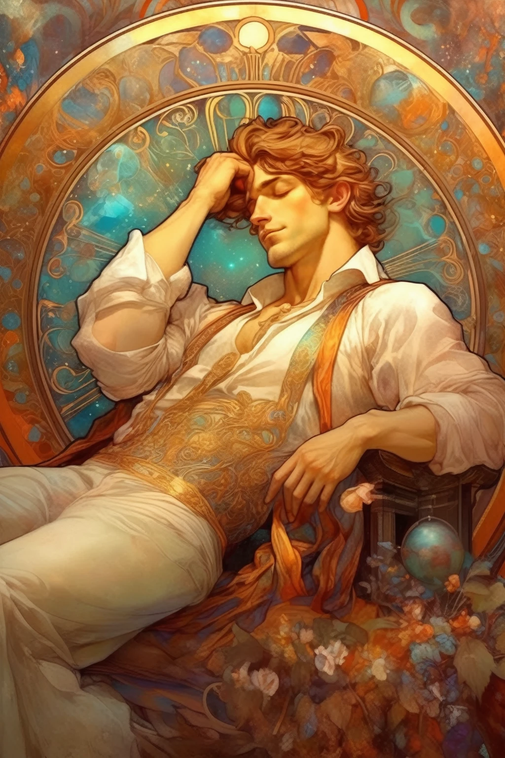 Style Alphonse Mucha - beau prince endormi d&#39;une trentaine d&#39;années dans le style d&#39;Alphonse Mucha Le tableau doit capturer l&#39;essence aux multiples facettes et énergique d&#39;un métalleux Gémeaux, montrant la dualité, créativité et passion intense pour la musique. La scène doit être riche en symbolisme, représentant la personnalité vibrante d&#39;un Gémeaux tout en incorporant des éléments de la culture métal, suggérant la fusion de l&#39;intellectualité et de la rébellion.