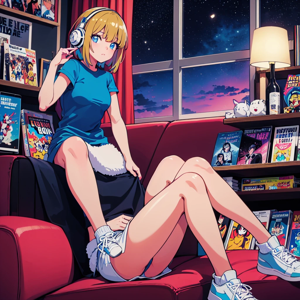 (masterpiece), Highest quality, Expressive eyes, Neon pastel aesthetics, Retro 90s, Neon color,((Girl sitting on sofa,In a cozy room,Records hanging on her wall, Comic books on the floor, Looking out the window behind her at the night city, Upholstered room, Anime figures lined up on a shelf)), Wearing headphones, (All around her it sparkles), (wearing thick colorful sneakers), (blue eyes), (Soft look), (Synthwave Art Style), Colorful Hair, Desk with PC set up