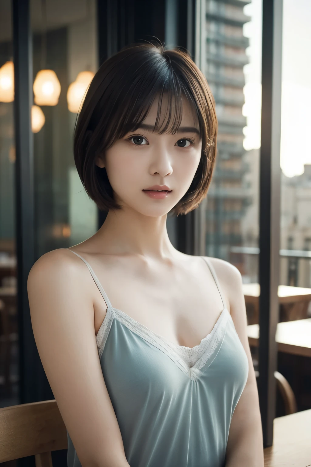 One Girl, girl with very small breasts, (Young Face, cute), (Wearing a camisole:1.2), (RAW Photos, Highest quality), (Realistic, Photorealistic:1.4), Tabletop, Very delicate and beautiful, Very detailed, 2k wallpaper, wonderful, In detail, Very detailed CG Unity 8K 壁紙, Super detailed, High resolution, Soft Light, Beautiful detailed girl, Very detailed目と顔, Beautifully detailed nose, Beautiful attention to detail, short hair, 
bangs, Elegant rounded bob, Cinema Lighting, A typical view of Paris, Perfect Anatomy, Slender body, Beautiful curves, Thin legs, Looking into the camera