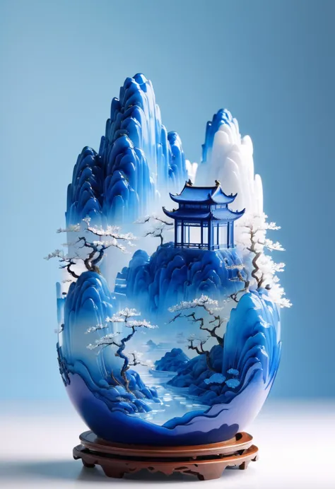 Micro landscape design carved on blue and white porcelain vase，Translucent glass material,Blue-white gradient,Traditional Chines...