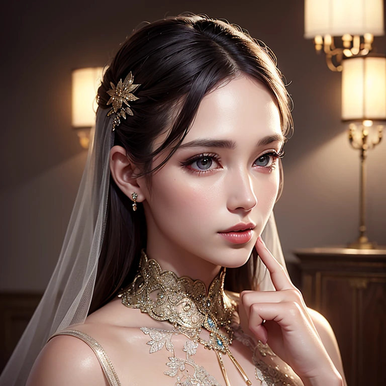 a beautiful woman wearing an elegant evening dress, detailed realistic portrait, realistic detailed eyes, lips, skin texture, high quality, photorealistic, intricate fabric details, shimmering satin, flowing design, cinched waist, dramatic lighting, warm tones, glowing skin, detailed hair, beautiful